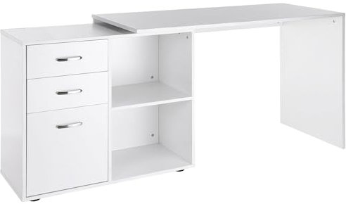 HOMCOM Bureau d'angle Bureau Droit modulable Table de Salle à Manger 2 en 1 Bureau Informatique tiroirs x 3 + 2 niches MDF Blanc