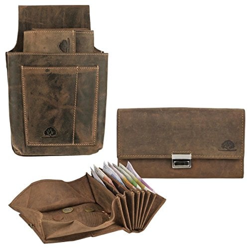 Greenburry Kellnerbörse Set Leder braun antik Kellnerset Geldbörse mit Holster Kellnertasche