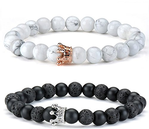 Thajaling 2 Stück Paar Armband Schwarz Weiß Stein Armband Rose Gold & Silber Krone Queen 8 mm Perlen Armbänder, 7.48 inch, Stein Roségold Silber Cubic Zirkonia, Achat