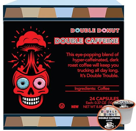 Double Donut High Caffeine Coffee Pods, Extra Strong Double Caffeine Coffee Cups for Keurig K Cup Brewing Machines, Single Portion, Dark Roasted Coffee, Pack of 24