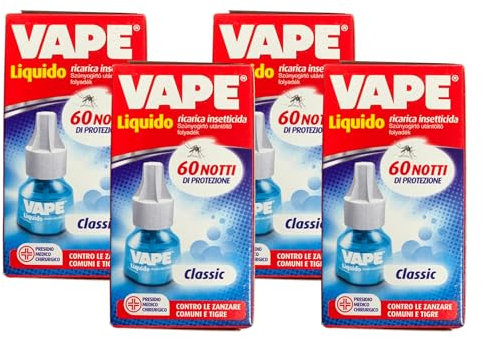Vape Ricarica Liquida Antizanzara, Refill Quadripack per Emanatore, 60 Notti di Protezione, Profumo Classico, 1 confezione x 4 pezzi