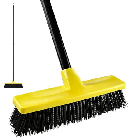 Push Broom Outdoor Indoor Broom 12 Wide,50 Long Handle with Stiff Bristles for Cleaning Scrubbing Deck Driveway Yard Patio Wood Stone Tile Floor