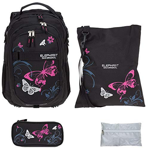 Schulrucksack Mädchen 4 T Set Hero Butterfly Rucksack Schultasche Turnbeutel Mäppchen Box Regenschutz 12679 rbbr (Butterfly Black Pink)