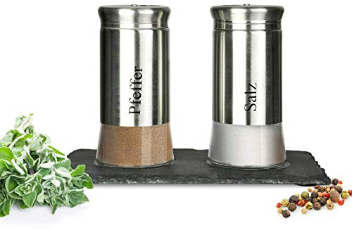 Sendez Salz und Pfefferstreuer Set mit Schieferplatte – Gewürzstreuer aus Glas und Edelstahl – Gewürzset mit rutschfester Schieferbasis, 120 ml je Streuer, nachfüllbar, modernes Tisch Gewürz Set