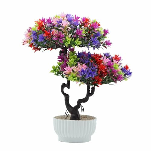 Artificial Potted Plant,Bonsai Simulation Plant Plastic Mini Plants for Home Decor Pine Tree and Grass Arrangements Tabletop Decoration,31cm High,Colorflu