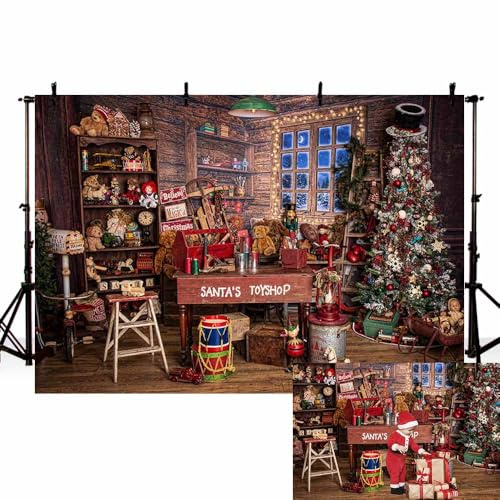 MEHOFOND 2,1 x 1,5 m Weihnachts-Hintergrund, Weihnachtsmann-Spielwarengeschäft, Fotografie-Hintergrund, Vintage, rustikales Holzhaus, Winternacht, Hütte, Geschenk, Weihnachtsbaum, Familie, Urlaub