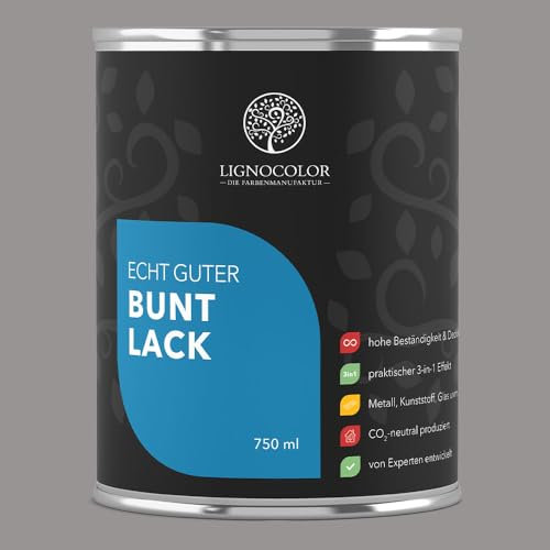 Lignocolor Buntlack glänzend (750 ml, Platingrau) | hochbeständiger Lack für Holz, Metall, Kunststoff & Kinderspielzeug
