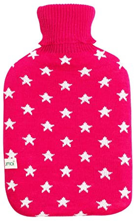 Premium Wärmflasche 2 Liter mit edlem Strick Bezug in Sternchen Muster Wärmeflasche Bettflasche mit Überzug, hergestellt nach BS 1970:2012 - neues Modell (Pink)