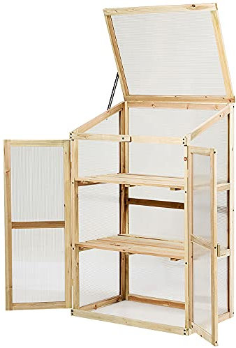 GiantexUK Mini Wooden Greenhouse, Garden Cold Frame with 2 Doors and Skylight, Portable Outdoor Vegetable Flower Plant Growhouse