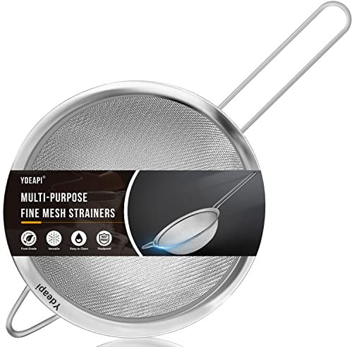 Ydeapi 9 Large Fine Mesh Strainer with Handle, Metal Food Strainers for Kitchen, Sieve Fine Mesh Stainless Steel for Rice, Quinoa, Pasta, Noodles