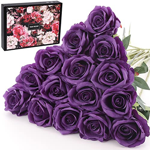 Cloudecor 15Pcs Artificial Roses Velet Real Touch Single Stem Fake Roses Silk Realistic Bouquet Flowers Arrangements Home Office Party Wedding Decoration (Round Roses - Pure Purple 15p)