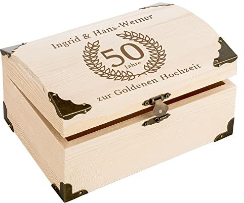4you DESIGN Schatztruhe zur Goldenen Hochzeit I Personalisierbare Gravur I Kleine Schatzkiste aus Holz I Geschenk zum 50. Hochzeitstag