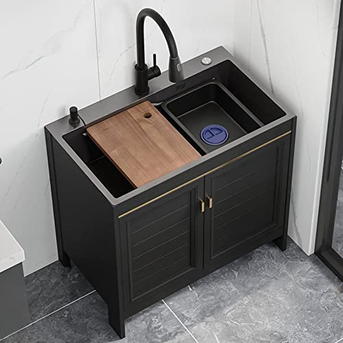 Evier Inox 1 bac,Robinetterie de Cuisine avec Egouttoir et Meuble,ÉVier Lavabo multifonction Noir,Évier Extérieur Autoportant,pour Restaurant Garage Jardin Salle de Bain ( Size : 60*45*74cm/23.6*17.7*