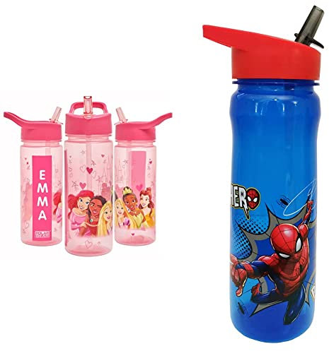 Disney Princess Personalised Sticker Water Bottle with Straw 500ml–Official Merchandise by Polar Gear - Pink & MARVEL 1325 1698 Spider-Man Hero Reusable Water Bottle, Blue and red, 600ml