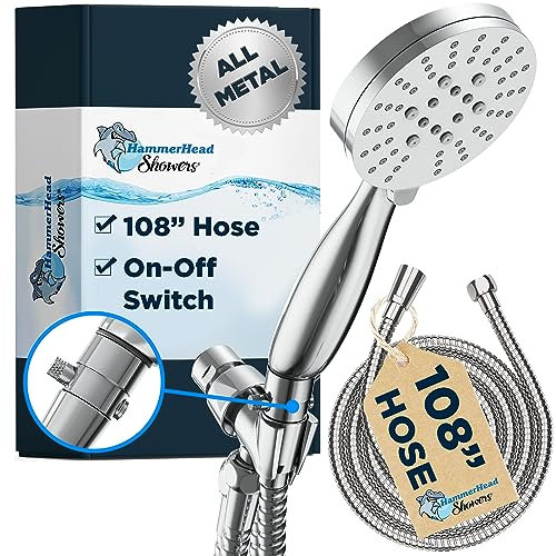 HammerHead Showers® Solid Metal 3-Spray Handheld Shower Head with Extra Long Hose and Shutoff Valve – Chrome - Perfect Dog Shower Head Attachment with 3 High Pressure Sprays - 2.5 GPM