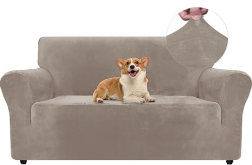 Ystyle Samt Sofabezug 2 Sitzer, Stretch Sofa Überzug, Sofaschoner rutschfest, Elastischer Couch Überzug, Sofa Cover Mit Armlehnen, Couchüberzüge Sofaschutz Katze Couch Überwurf, Khaki