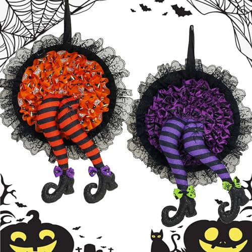 YUEMING Halloween Kranz Tür Hängende Verzierung - Hexe Haustür Dekoration, Hexenkranz Beine für Wanddekoration und Party