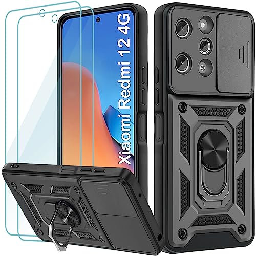 Yohii Funda para Xiaomi Redmi 12 4G / Redmi 12 5G 6.79 Carcasa, 2 Pack Cristal Templado, Protección Cámara Carcasa con 360 Anillo Soporte PC y Silicona TPU Case - Negro
