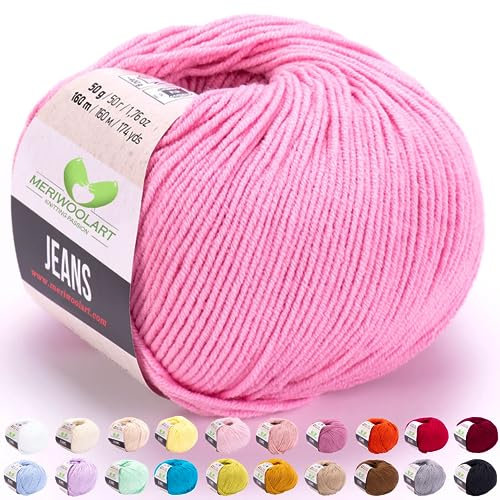 MeriWoolArt® Rosa Baumwollgarn zum Stricken und Häkeln, Textilgarn, Stoffgarn, Baby Wollgarn für Handarbeiten, Babykleidung, Amigurumi, Babydecke, Pullover, Mützen und Accessoires