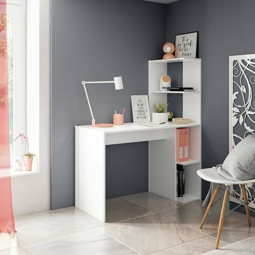Dmora - Pittston-Schreibtisch, linearer Schreibtisch mit Bücherregal, platzsparender Mehrzweck-Bürotisch, 110x52h136 cm, Weiß