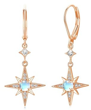 REDSUN Stern Ohrringe 925 Sterling Silver Roségold Achtzackiger Stern Hänge Ohrringe Rainbow Moonstone Jewellery for Girls Mother Daughter Ladies Girlfriend Gift