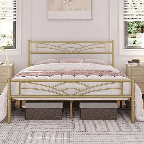 costoffs 4ft6 Metal Double Platform Bed Frame Solid Bedstead Base with Cloud-inspired Design Headboard and Footboard, Under-bed Storage Space, Fits for Adults/Teenager Antique Gold