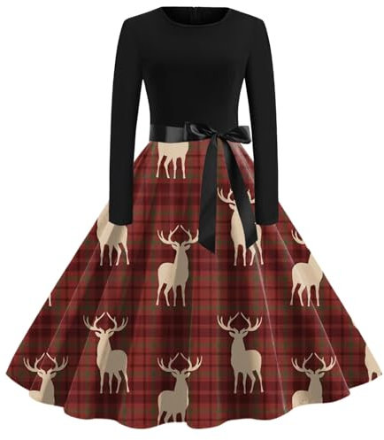 Générique Weihnachtskleid Mutter Tochter – Weihnachtskleid, bedruckt, langärmlig und mit Schleife, für Damen, kurzer Faltenrock, Burgunderrot, XXL