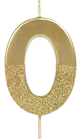 PARTYLOSOPHY Número 0 Velas de cumpleaños con números 10, 20, 30, 40, 50, 60, 70, 80, 90, 100 de color oro metalizado con glitter.Vela Cumpleaños Dorada, Cumpleaños, Aniversarios y fiestas temáticas.