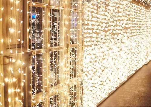 BESCOST Tenda Luminosa 6x3m 600 LED - RF Remotamente Controllabile, 8 Modalità di Illuminazione, Impermeabile IP44, Bianco Caldo, per Esterno e Interno - Giardino, Matrimonio, Natale, Festività