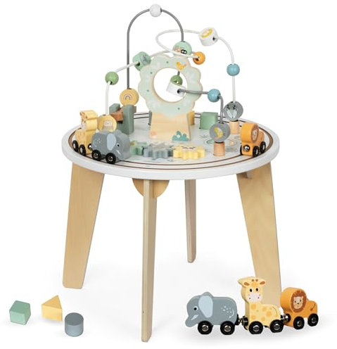 mamabrum Holz Aktivitätstisch Set mit Magnetischer Eisenbahn, Motorikschleife, Perlenwerfer, Formsortierer & Spiegel - Lernspielzeug ab 12 Monaten (40cm, 31,5cm Höhe)