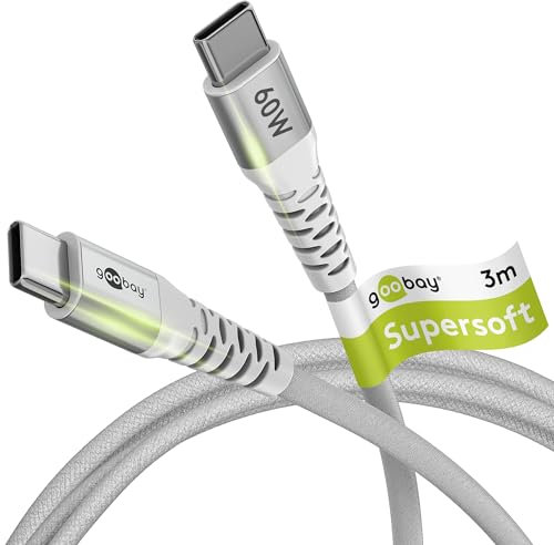 Goobay 70195 Schnellladekabel USB C 60W 20V / 3m / Extrem robustes Textilkabel / 480 Mbits Ladekabel USB C / Schnellladekabel Samsung USB C Kabel / Stoffkabel Weiß