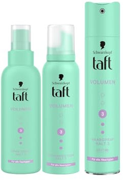 Taft Schwarzkopf Schaumfestiger Volumen (150ml) Haltegrad 3 Haarschaum für alle Haartypen & Föhn-Spray Volumen (150ml) & Haarspray Volumen (250 ml) Haarstyling vegane Formel*