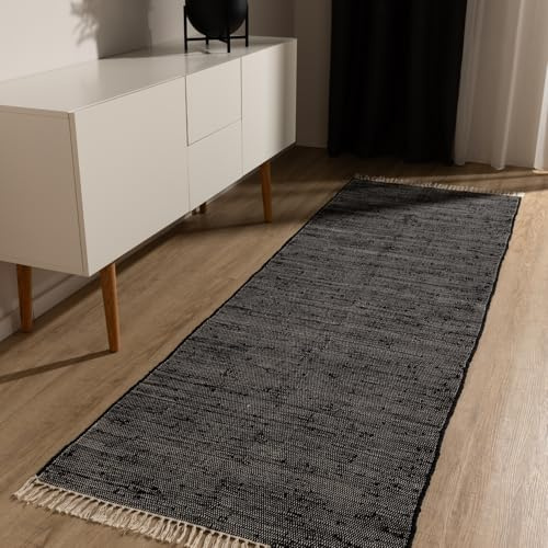 benuta Basic Baumwollteppich Tom - Schwarz 70x200 cm - Handgewebter Wohnzimmer Teppich - 100% Recycelte Baumwolle - Für Fußbodenheizung geeignet