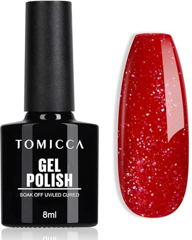 TOMICCA UV Nagellack Weihnachten Glitter Rot, 8ml Gel-Nagellack, Soak Off UV/LED Gel Rot Nagellack für Starter Nail Art Salon DIY