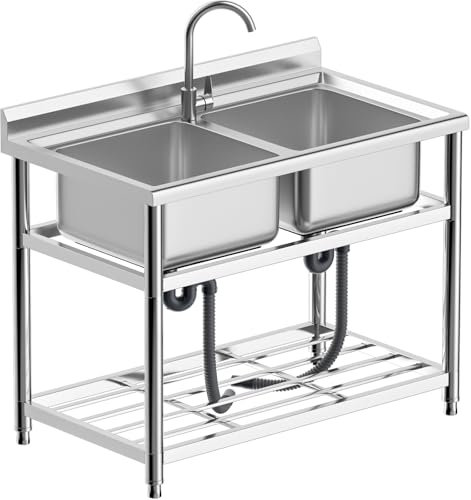 Vockol Fregadero Independiente de Acero Inox 2 Senos, Fregadero de Cocina Comercial con Grifo, Fregadero Exterior, Fregadero Industrial para Cocina, Garaje, Restaurante, Jardín, 64 x 110 x 93 cm