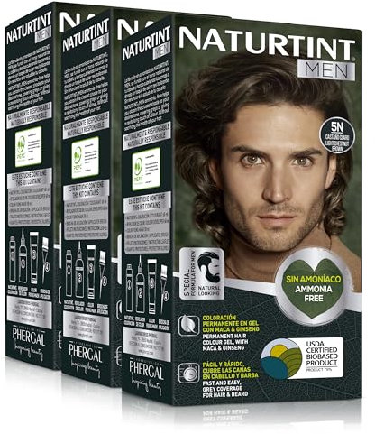 Naturtint Men | Coloración Permanente Sin Amoniaco Especial Hombres | 100% Cobertura de Canas | Color Natural y Duradero | Ingredientes Naturales | 5N Castaño Claro | Pack de 3