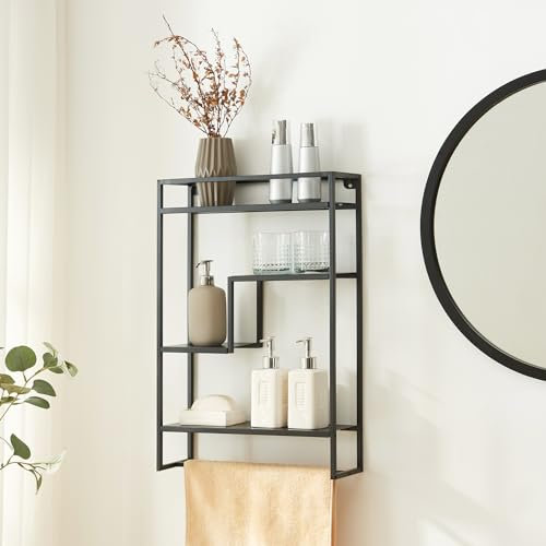 [en.casa] Wandregal Uurainen Badezimmerregal mit Handtuchstange Hängeregal Metall Badregal Küchenregal Gewürzregal 60 x 40 x 13 cm Schwarz