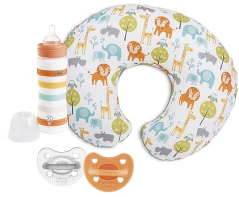 Boppy Chicco Set Cuscino Allattamento, Biberon Benessere Flusso Veloce 330 ml e Gommotto Luxe in Silicone 6-16 mesi, Idea Regalo, 2 mesi+