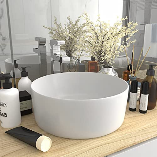 LAPOOH Lavabo de Lujo, Lavabo sobre Encimera, Lavabo Baño, Muebles De Baño, Mueble Lavabo, Redondo cerámica Blanco Mate 40x15 cm