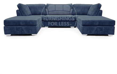 Furnishings For Less UK Bishop Cord Navy Blue U-Shape Jumbo Cord Fabric Corner Sofa, Detachable, Solid Wood Frame, (Navy Blue)