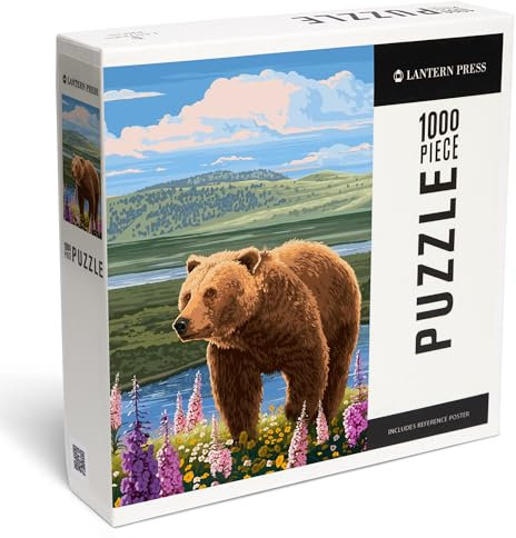 Lantern Press 1000 Piece Jigsaw Puzzle, Painterly, Grizzly Bear in Meadow,
