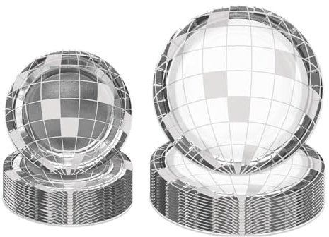 LeZakaa 50Pcs Disco Ball Paper Plates Sets - Disco Ball Silver Foil Design Disposable Party Plates Decorative Tableware Supplies for 70s Disco, Bachelorette Party, Birthday, Wedding - 7 Inch & 9 Inch