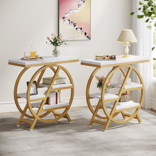 Tribesigns 3-Tier Beistelltisch Schmaler Holz,65 x 30 cm sofatisch mit Stauraum,Industrielle Kleiner Beistelltisch für Wohnzimmer, Slim Nachttisch für Schlafzimmer (2PCS Gold)