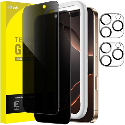 JETech Protector Pantalla de Privacidad para iPhone 16 Pro Max 6,9 Pulgadas con Protector de Lente Cámara, Antiespia Cristal Vidrio Templado, Marco de Instalación Fácil, 2 Paquetes Cada Uno