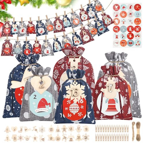 Calendario Avvento Fai da Te Stoffa-2024 Sacchetti Calendario Avvento da Riempire, Bambini Calendario Avvento Grande, 24 Natale Bustine Calendario Avvento