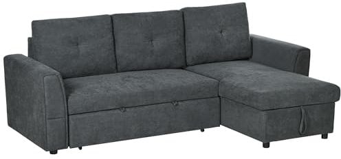 HOMCOM 3 Seater Sofa Bed, L-Shaped Corner Sofa, Pull Out Sofa with Storage, Convertible Click Clack Settee Sectional Sleeper Futon for Living Room, Office, Dark Grey