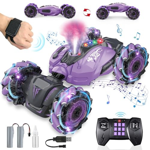 Ulikey Voiture Télécommandée Enfant, RC Stunt Car Contrôlée à la Main, avec Lumière et Spray, Musique, Rotation à 360 Drift 4WD 2,4 GHz Voiture, Cadeau pour Filles Garçons Enfants de 6-12 Ans (Violet)