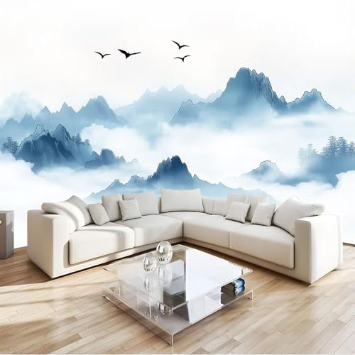 Landschaftsmalerei Wolken Vögel Art Fototapete Malerei Hellblau Tapete Fototapeten Vlies Tapeten, Vliestapete Wandtapete Moderne Wand Schlafzimmer Wohnzimmer Wand Tapete 300 x 210 cm