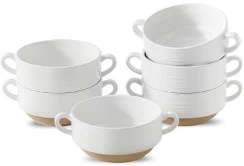 Hasense Ceramic Soup Bowls with Handles, 24oz Oven Safe French Onion Soup Bowls Set of 6, White Serving Dishes for Entertaning, Ideal for Soup, Salad, Stew, Microwave & Dishwasher Safe
