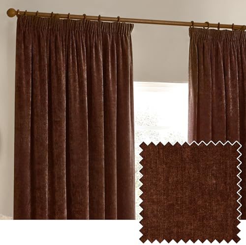 Yard Heavy Chenille Pencil Pleat Curtain Pair (Nutmeg, 229 x 137 cm) | Lined Room Darkening Soft Velvet Curtains